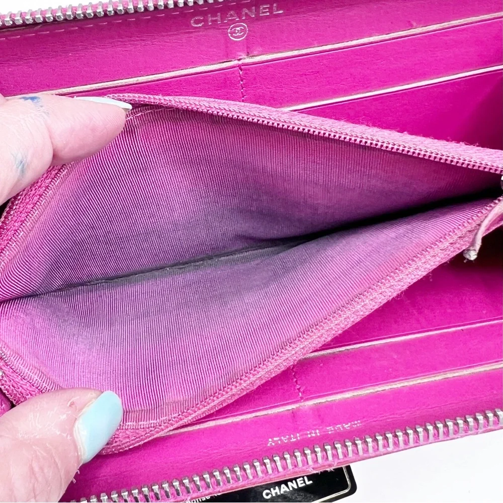 CHANEL Patent Quilted Zip Around Long Wallet Pink Salmon 14 Series (2011)